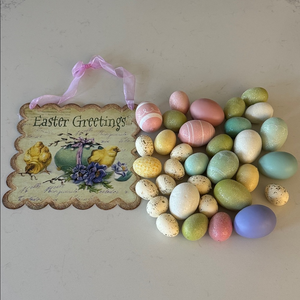 Easter Greetings Sign with Decorative Eggs